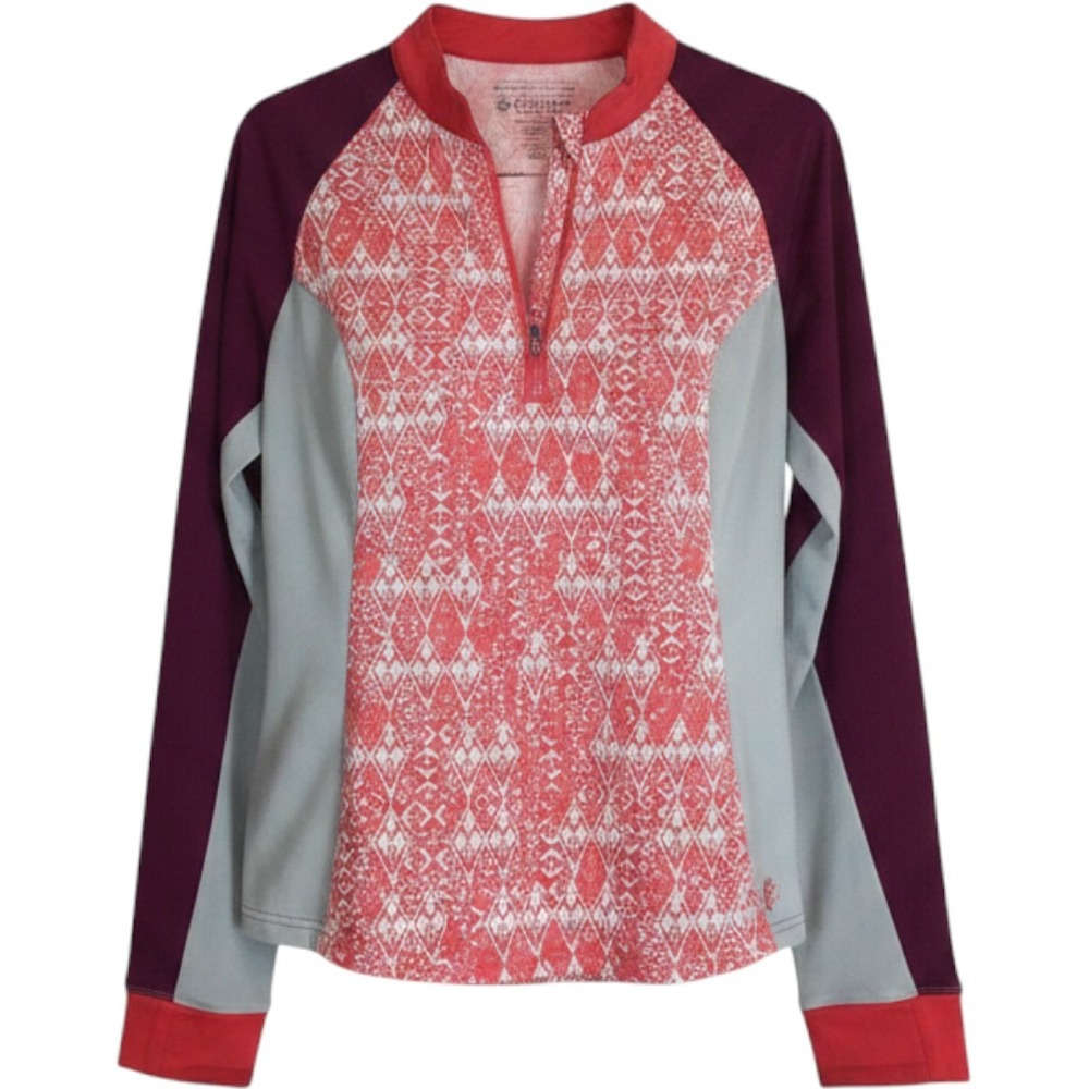 Coolibar Womens UPF 50+ Rash Guard Pink Ikat Colorblock Quarter Zip Swim Top M